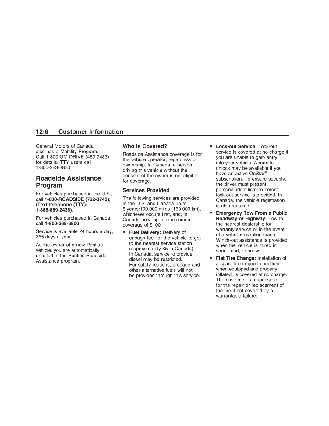 Pontiac G8 manual Roadside Assistance Program, Who is Covered?, Services Provided 