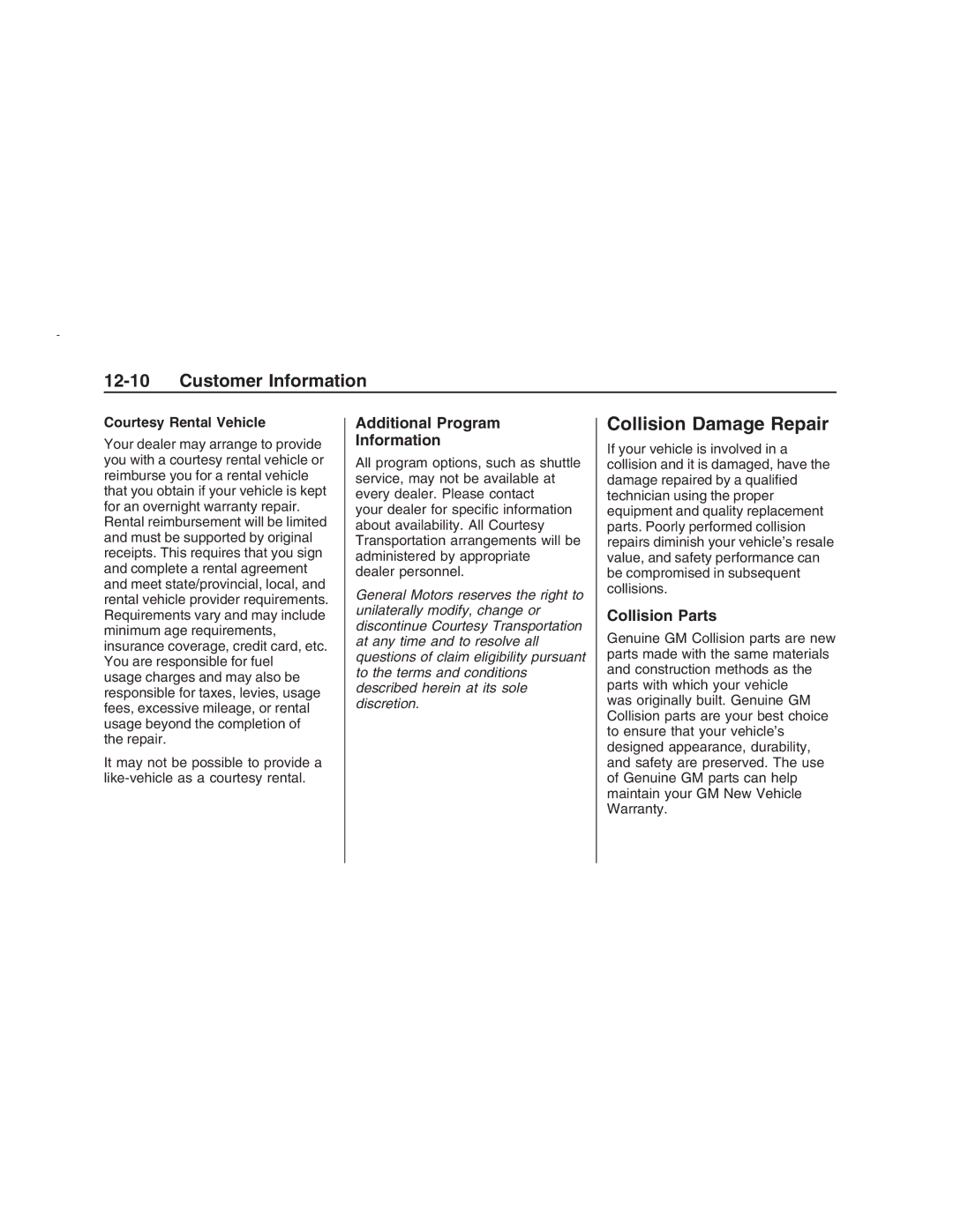 Pontiac G8 manual Collision Damage Repair, Additional Program Information, Collision Parts, Courtesy Rental Vehicle 