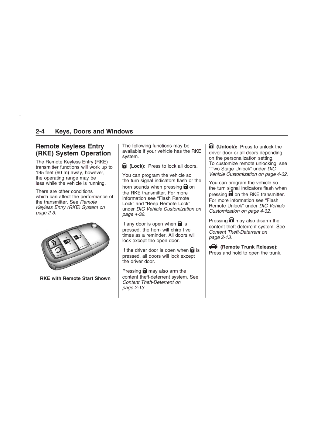 Pontiac G8 manual Remote Keyless Entry RKE System Operation, RKE with Remote Start Shown 