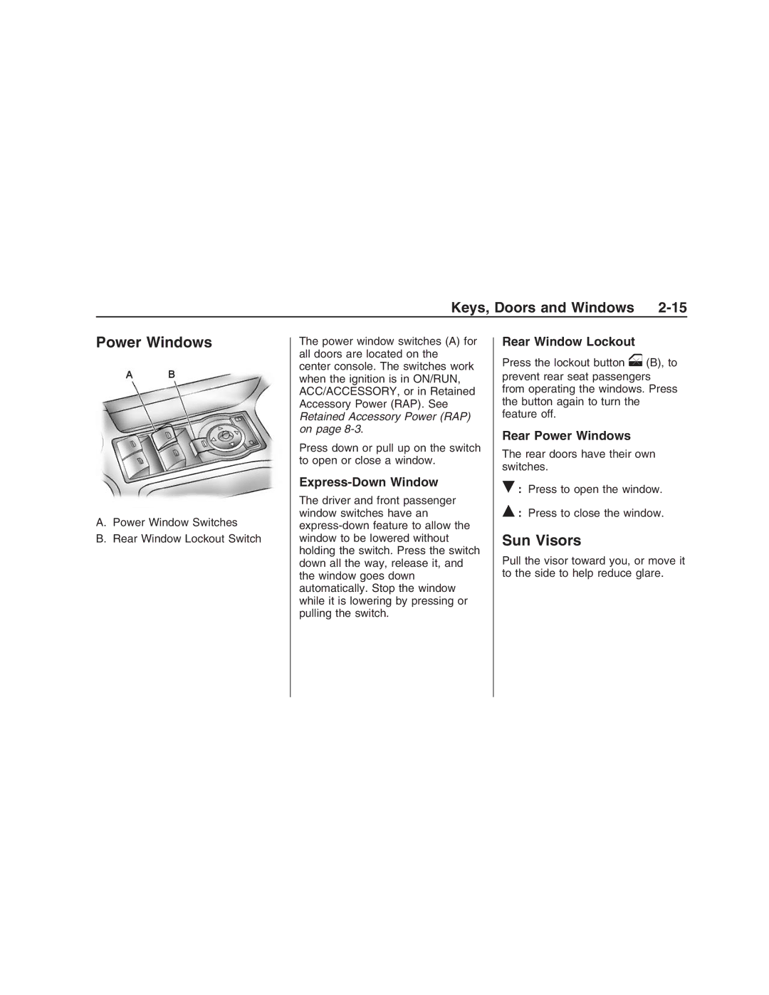 Pontiac G8 manual Sun Visors, Express-Down Window, Rear Window Lockout, Rear Power Windows 