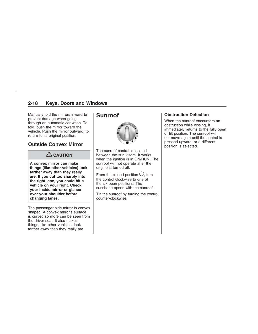 Pontiac G8 manual Sunroof, Outside Convex Mirror, Obstruction Detection 