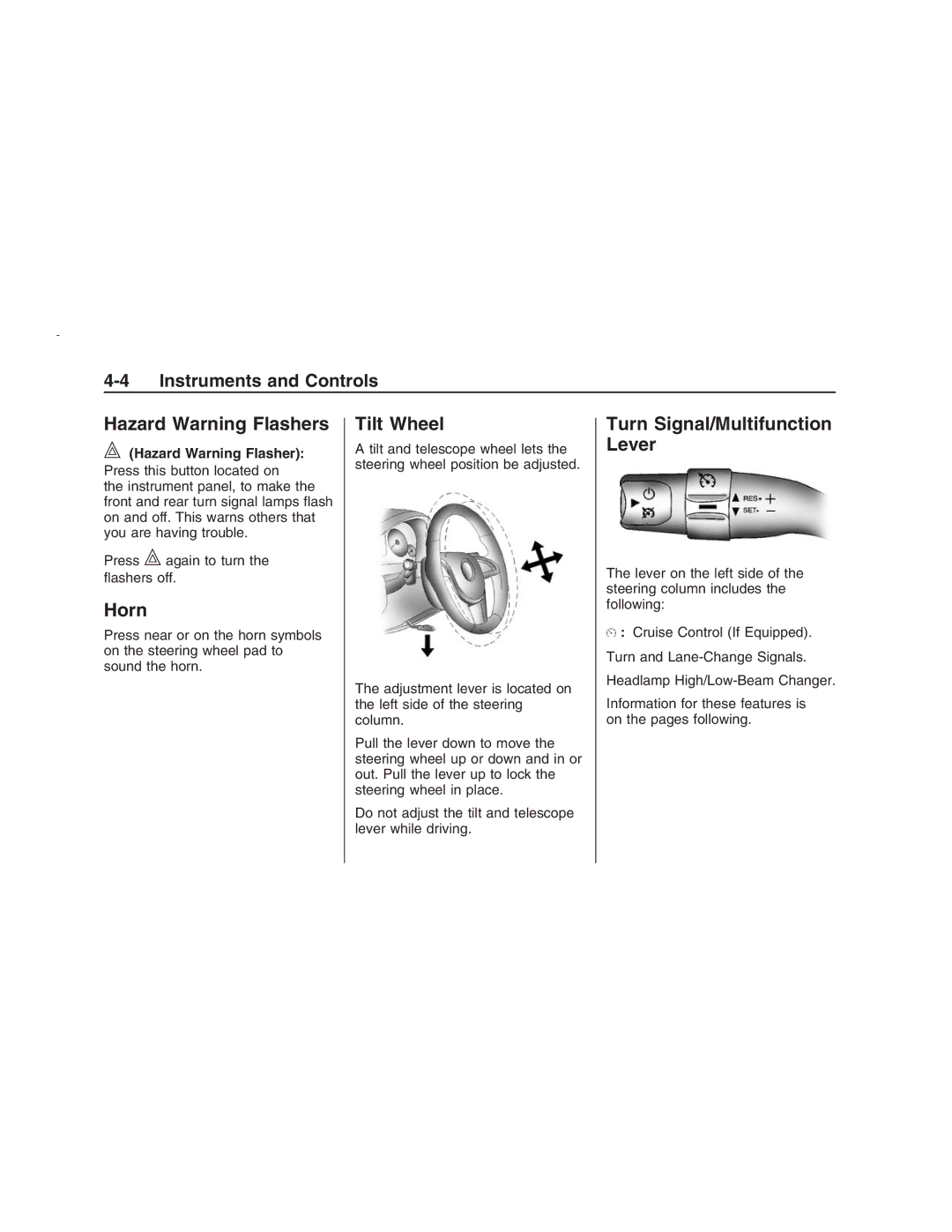 Pontiac G8 manual Hazard Warning Flashers, Horn, Tilt Wheel, Turn Signal/Multifunction Lever 