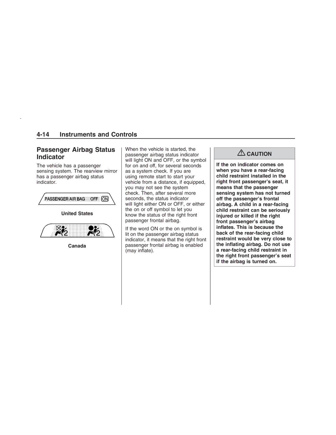 Pontiac G8 manual Passenger Airbag Status Indicator, United States Canada 