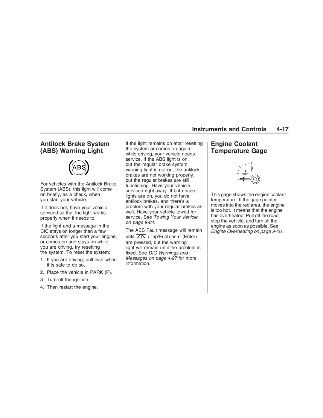 Pontiac G8 manual Antilock Brake System ABS Warning Light, Engine Coolant Temperature Gage 