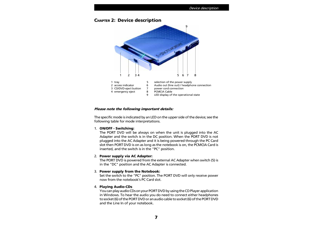 PORT Noteworthy Slim Line CD/DVD manual Device description 