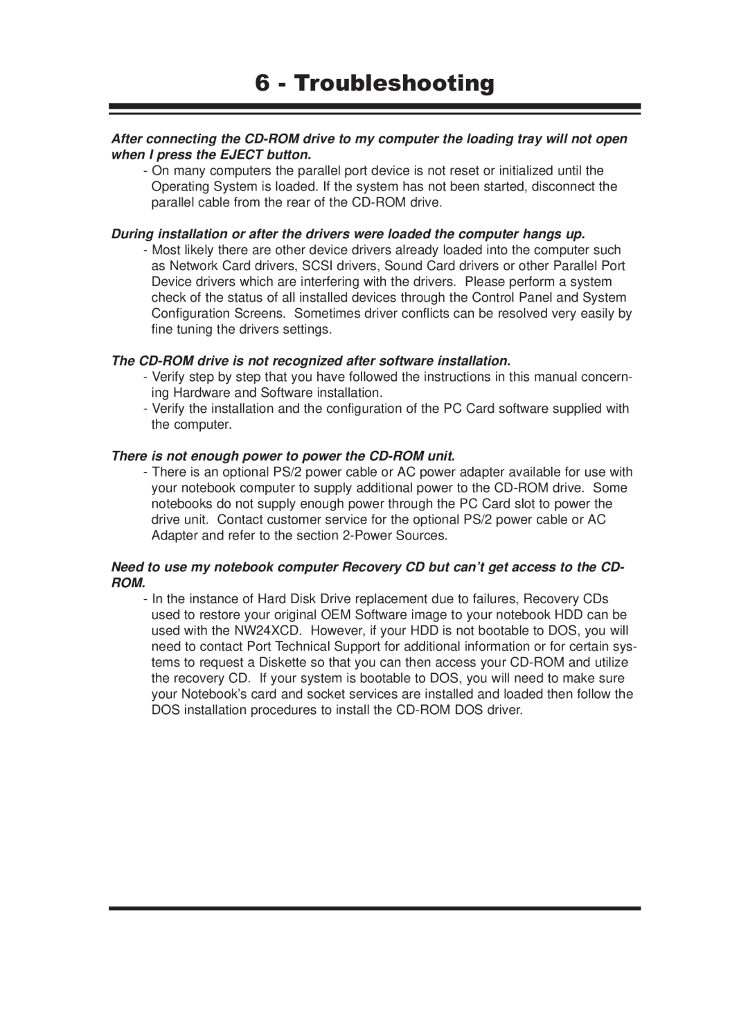 PORT NW24XCD manual Troubleshooting, CD-ROM drive is not recognized after software installation 