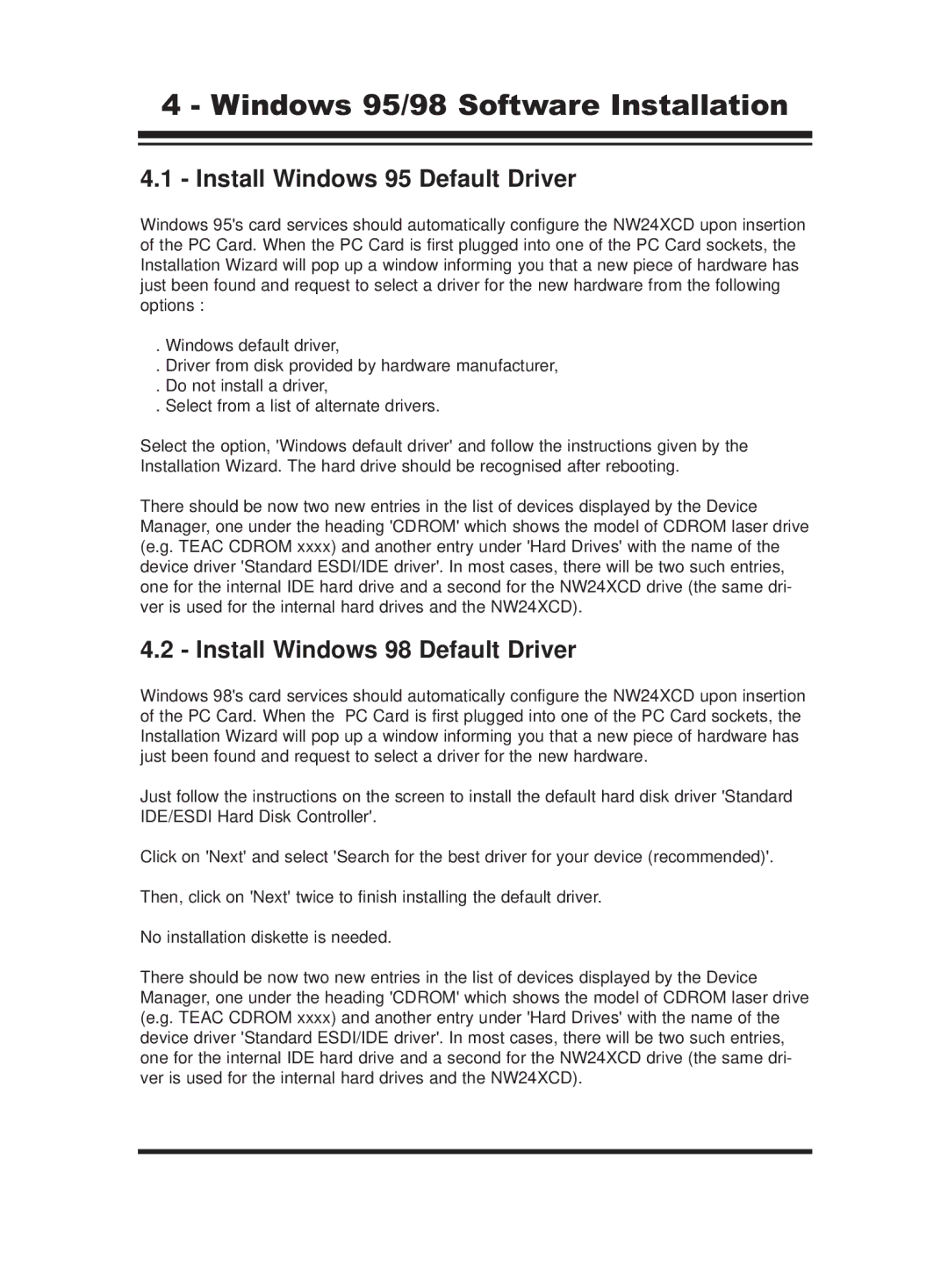 PORT NW24XCD manual Windows 95/98 Software Installation, Install Windows 95 Default Driver 