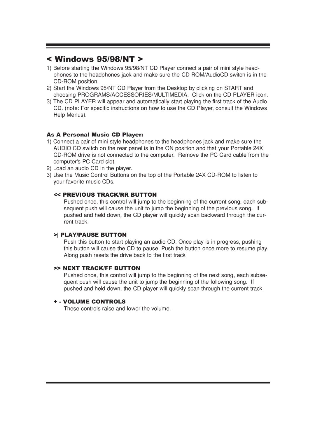 PORT ST24XCDR user manual Windows 95/98/NT, Previous TRACK/RR Button 