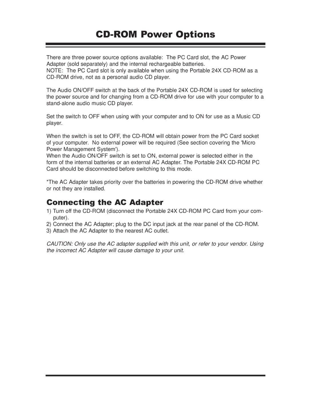 PORT ST24XCDR user manual CD-ROM Power Options, Connecting the AC Adapter 