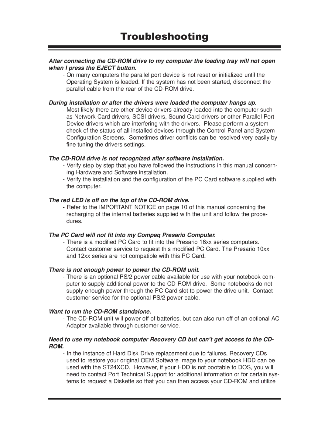 PORT ST24XCDR user manual Troubleshooting, CD-ROM drive is not recognized after software installation 