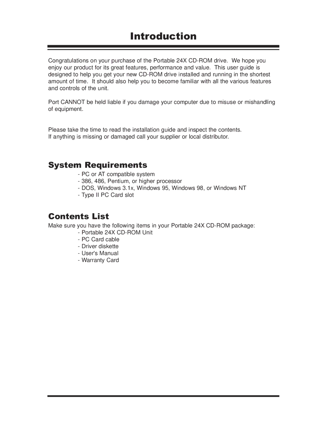 PORT ST24XCDR user manual Introduction, System Requirements, Contents List 