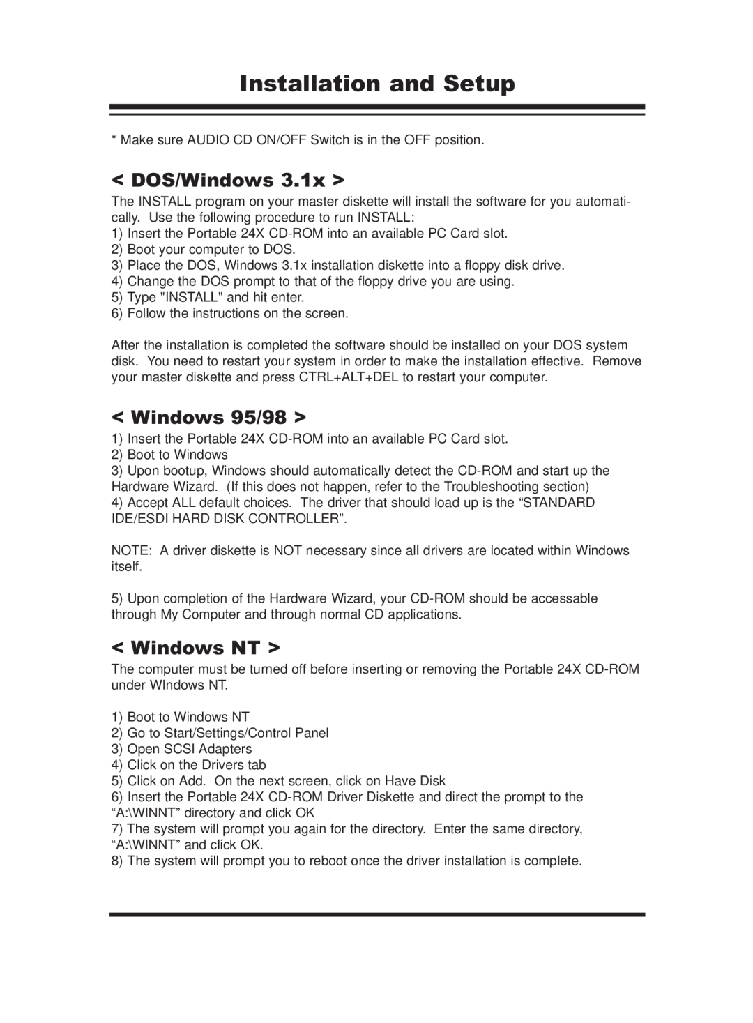 PORT ST24XCDR user manual Installation and Setup, DOS/Windows, Windows 95/98, Windows NT 
