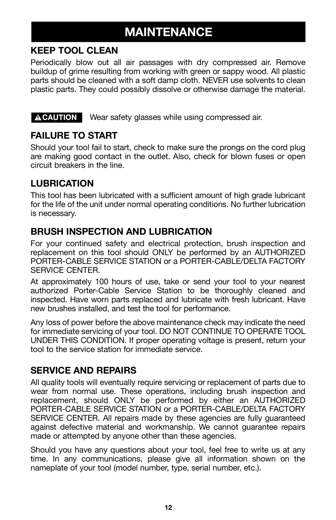 Porter-Cable 100 instruction manual Maintenance 