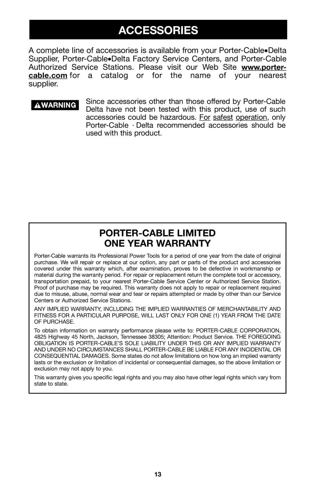 Porter-Cable 100 instruction manual Accessories, PORTER-CABLE Limited ONE Year Warranty 