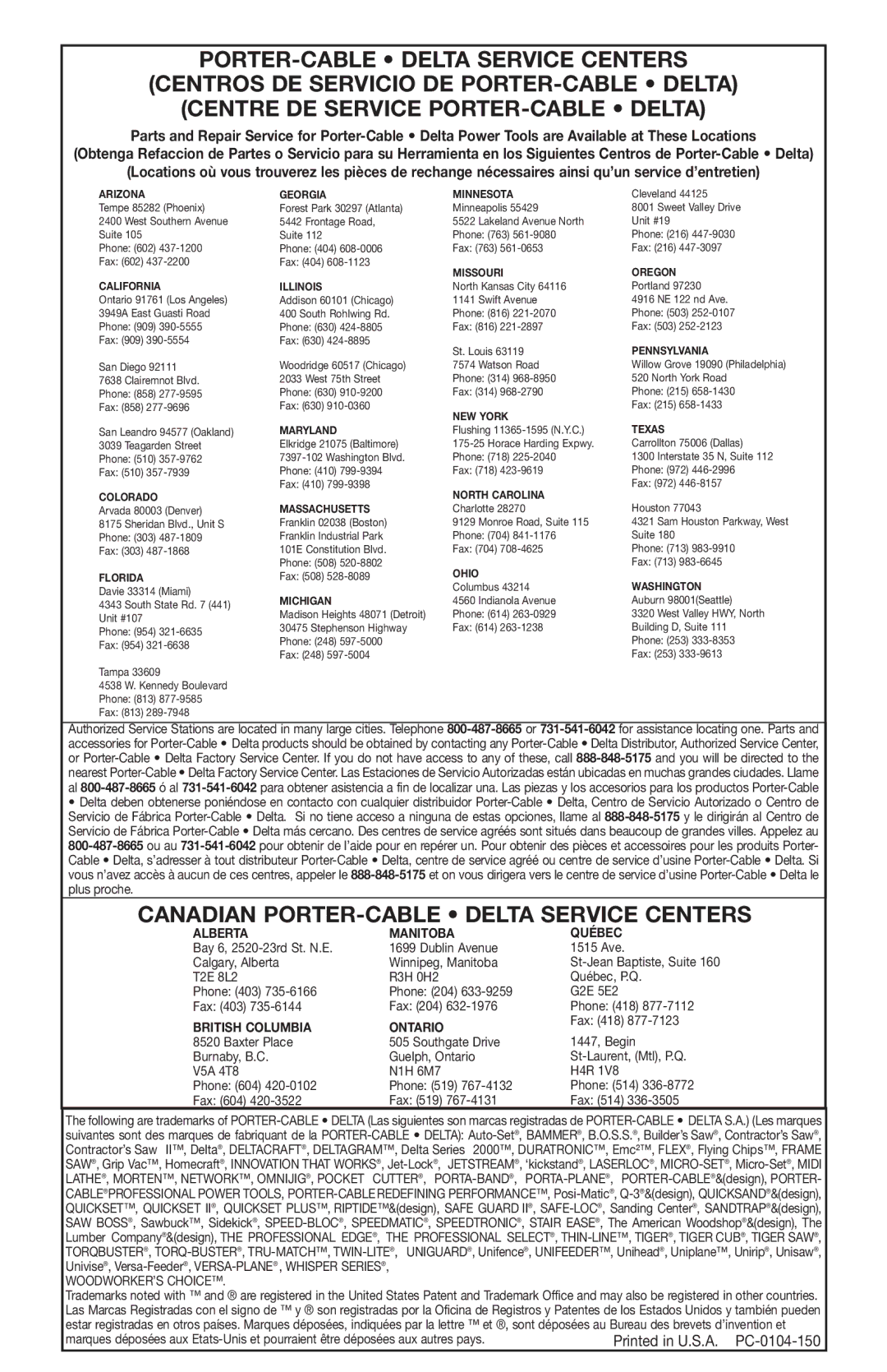 Porter-Cable 100 instruction manual Canadian PORTER-CABLE Delta Service Centers 