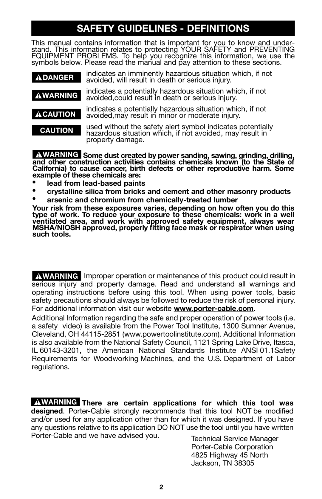 Porter-Cable 100 instruction manual Safety Guidelines Definitions 