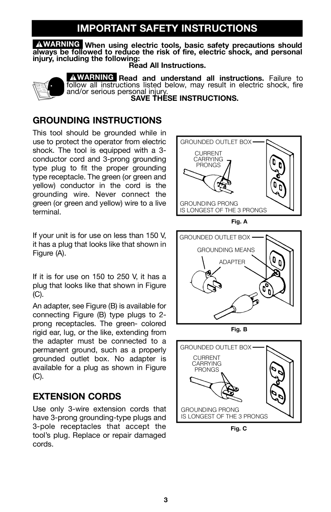 Porter-Cable 100 instruction manual Grounding Instructions, Extension Cords 