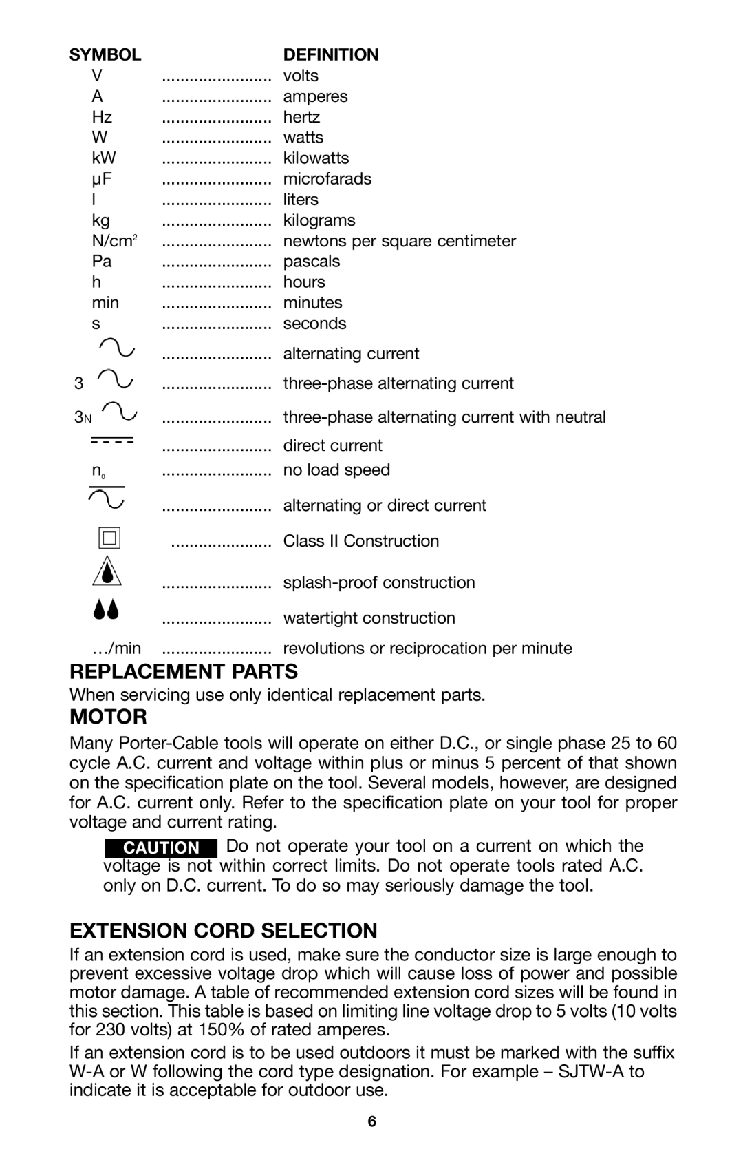 Porter-Cable 100 instruction manual Replacement Parts, Motor, Extension Cord Selection 