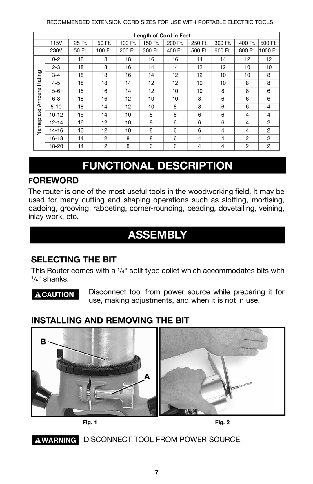 Porter-Cable 100 Functional Description, Assembly, Foreword, Selecting the BIT, Installing and Removing the BIT 