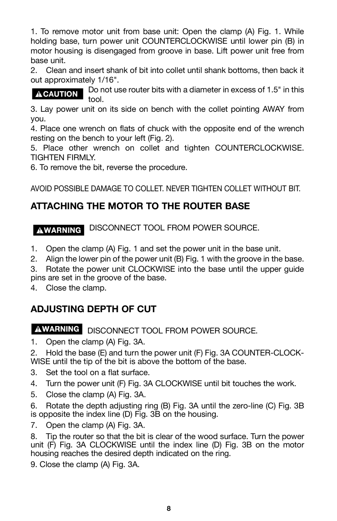 Porter-Cable 100 instruction manual Attaching the Motor to the Router Base, Adjusting Depth of CUT 