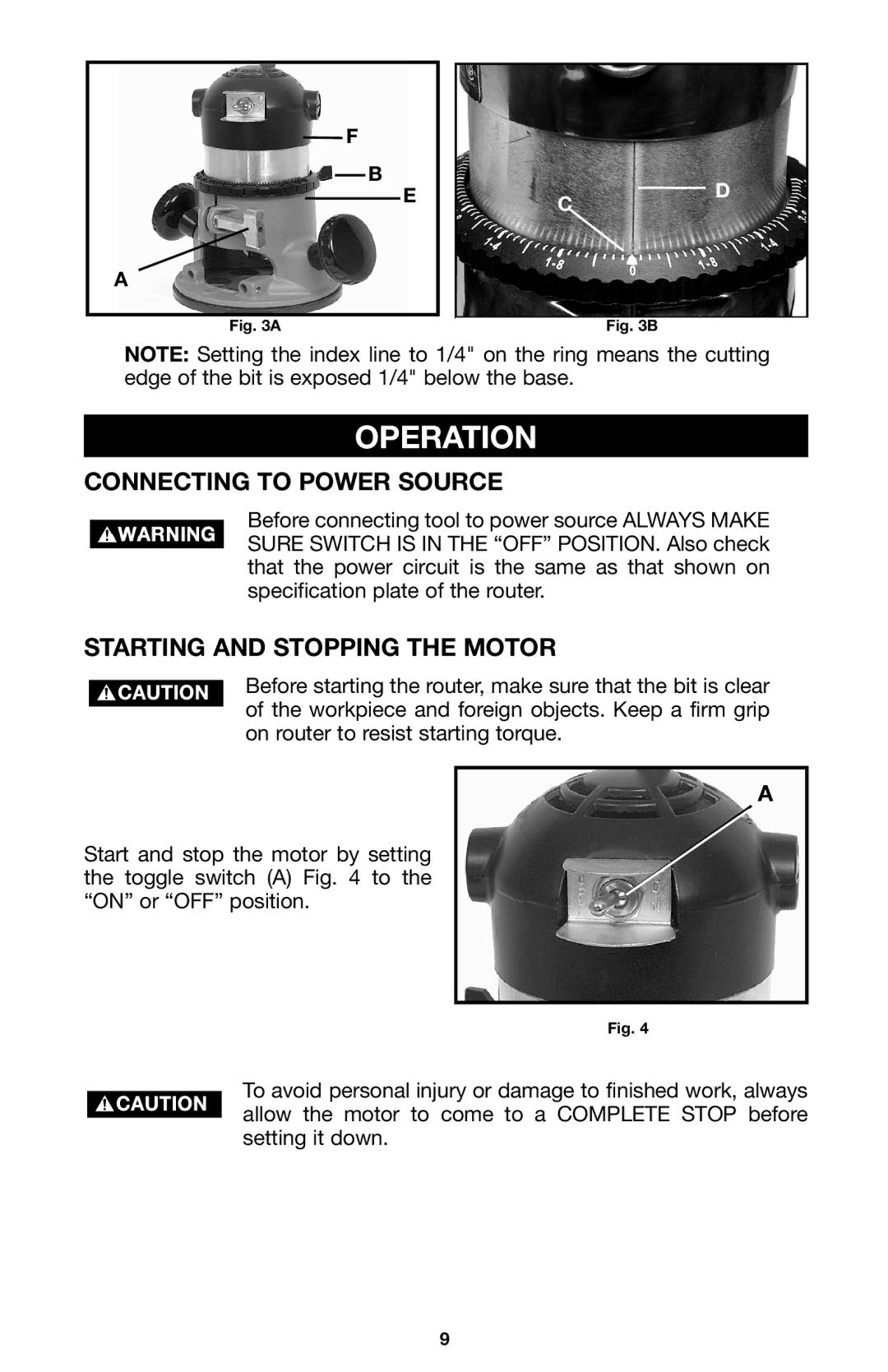 Porter-Cable 100 instruction manual Operation, Connecting to Power Source, Starting and Stopping the Motor 