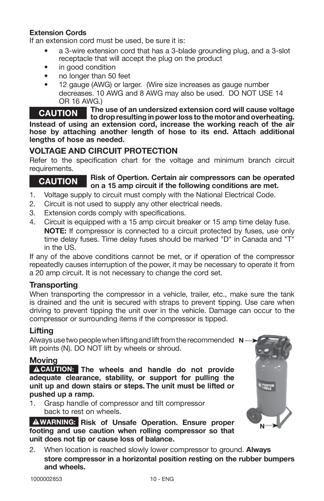 Porter-Cable 1000002853 instruction manual Voltage and Circuit Protection, Extension Cords 