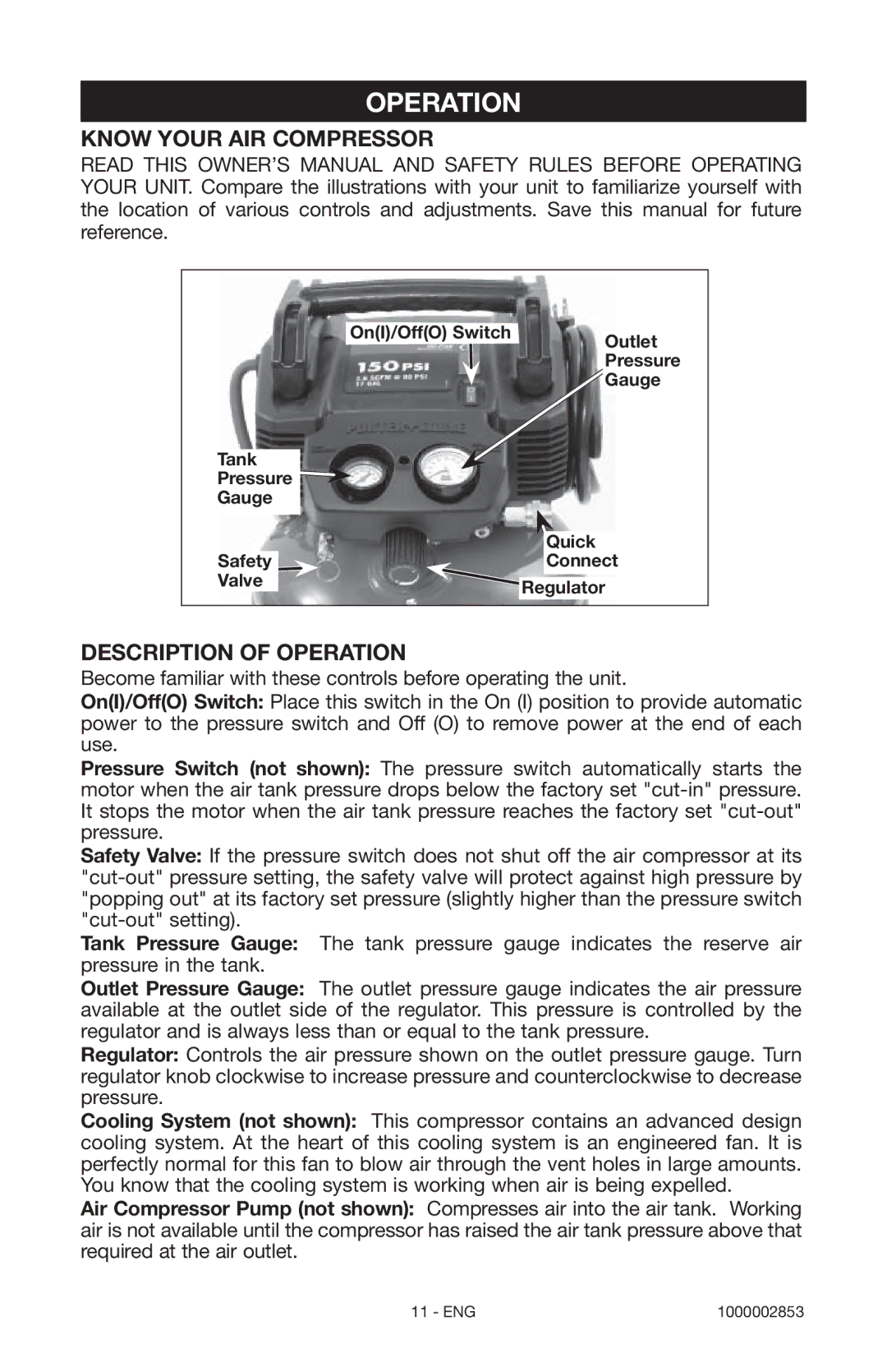 Porter-Cable 1000002853 instruction manual Know Your AIR Compressor, Description of Operation 