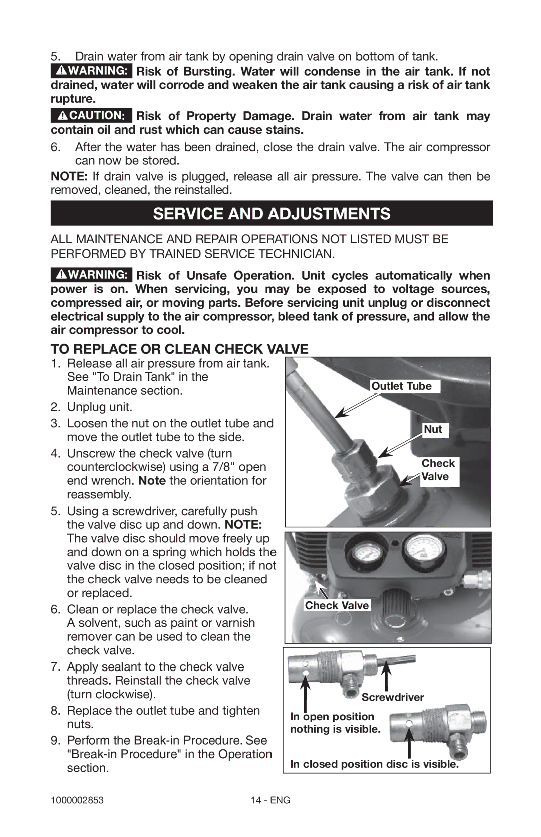 Porter-Cable 1000002853 instruction manual Service and Adjustments, To Replace or Clean Check Valve 