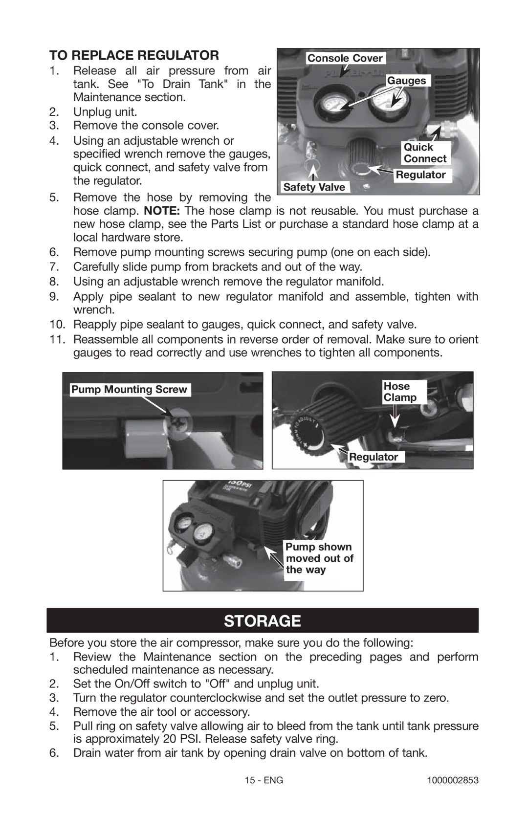 Porter-Cable 1000002853 instruction manual Storage, To Replace Regulator 