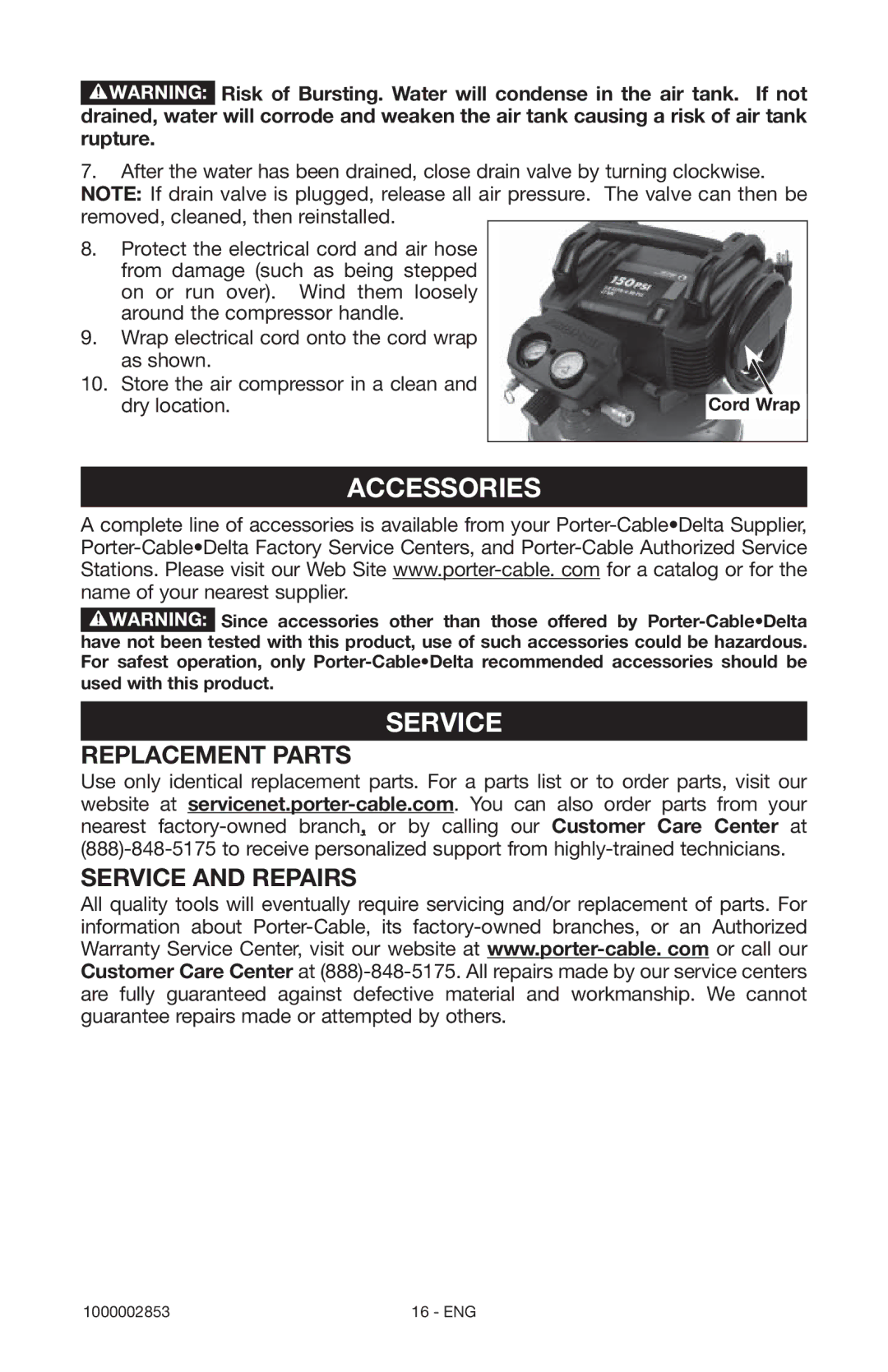 Porter-Cable 1000002853 instruction manual Service, Replacement Parts 