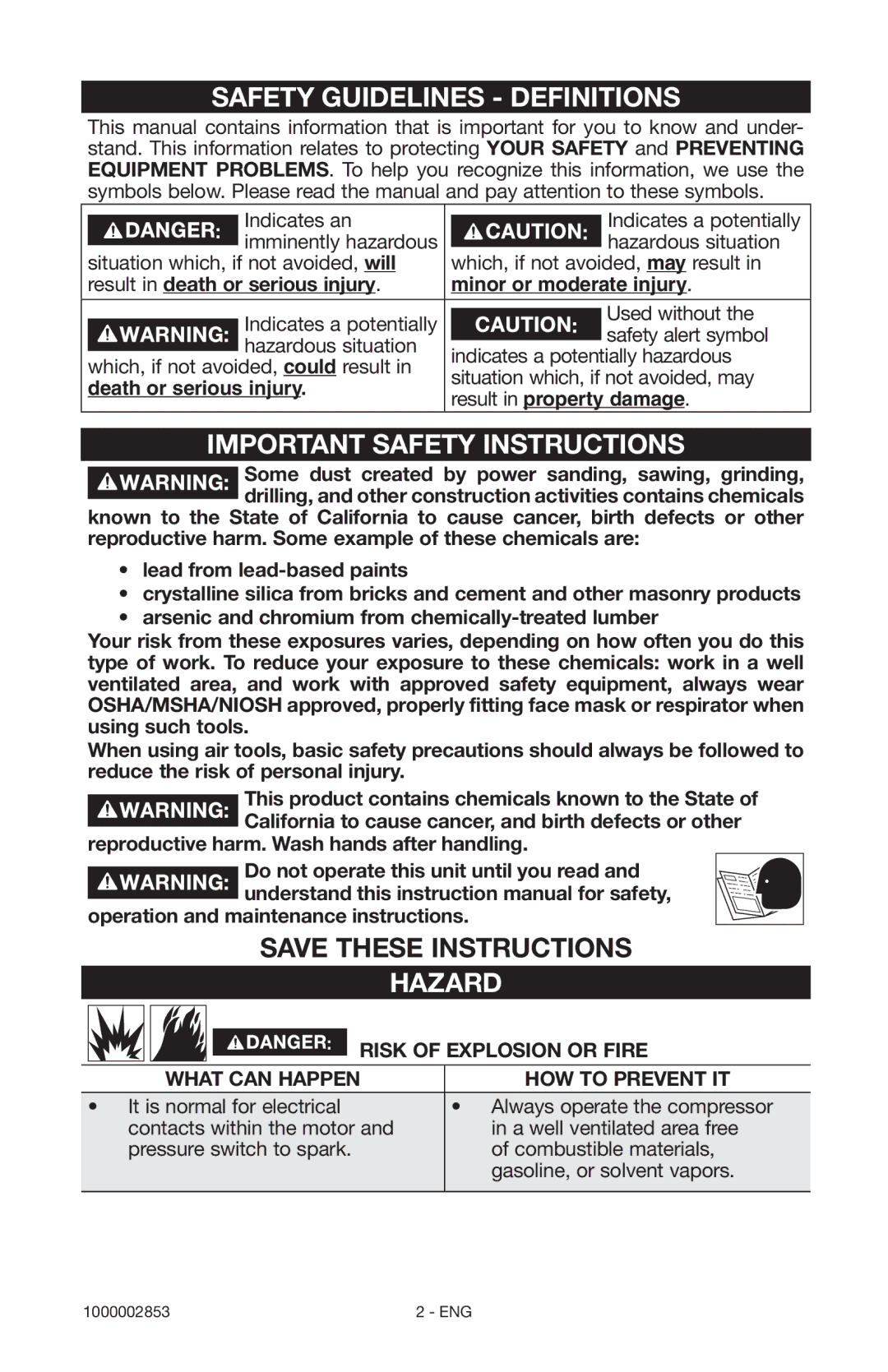 Porter-Cable 1000002853 instruction manual Safety Guidelines Definitions, Important Safety Instructions, Hazard 