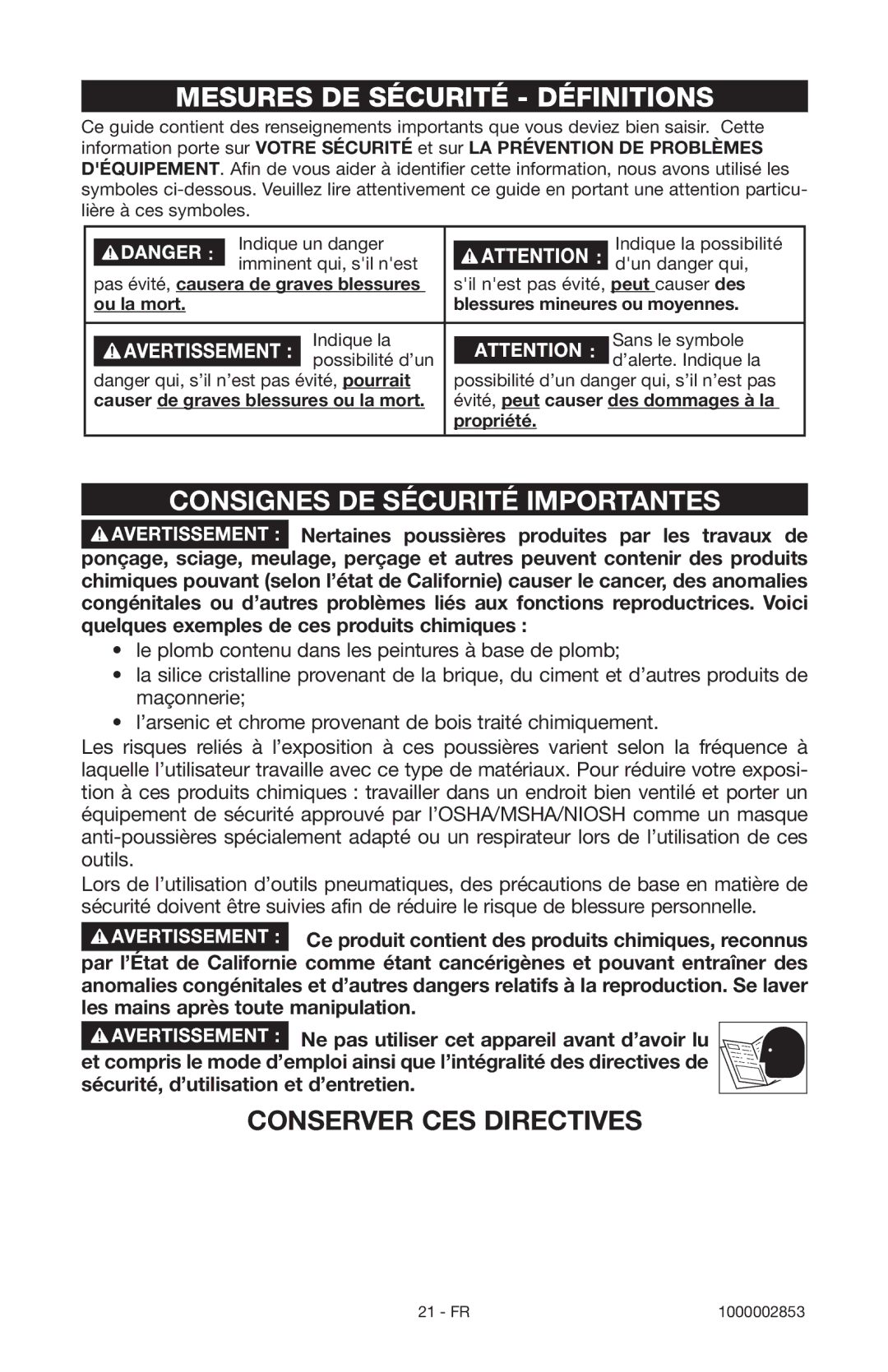 Porter-Cable 1000002853 instruction manual Mesures DE Sécurité Définitions, Consignes DE Sécurité Importantes 