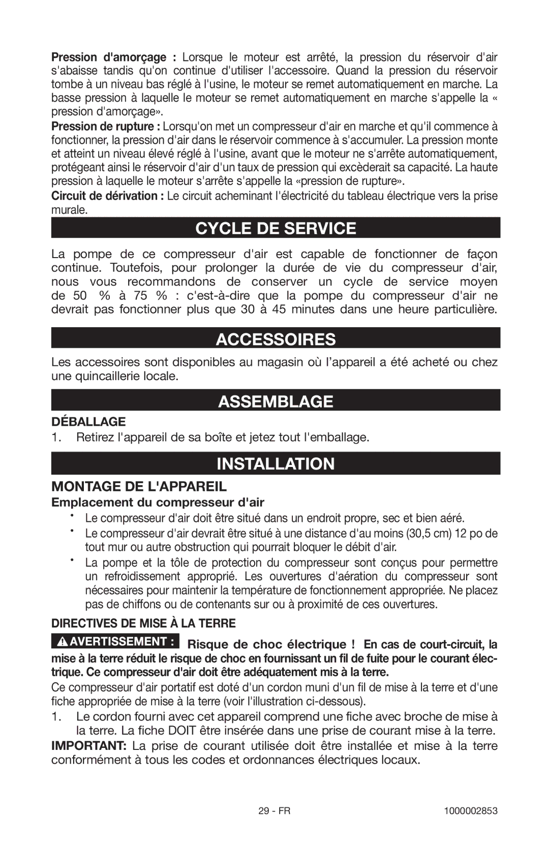 Porter-Cable 1000002853 instruction manual Cycle DE Service, Accessoires, Assemblage, Montage DE Lappareil 