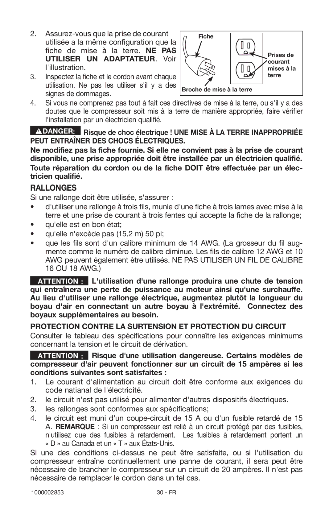 Porter-Cable 1000002853 instruction manual Rallonges, Protection Contre LA Surtension ET Protection DU Circuit 