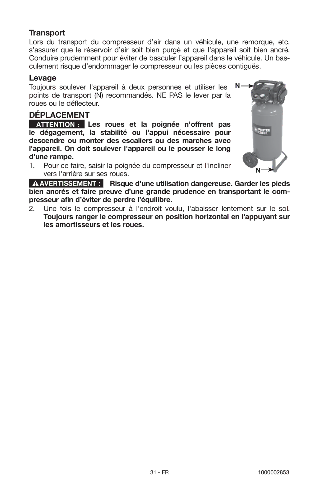 Porter-Cable 1000002853 instruction manual Transport, Déplacement 