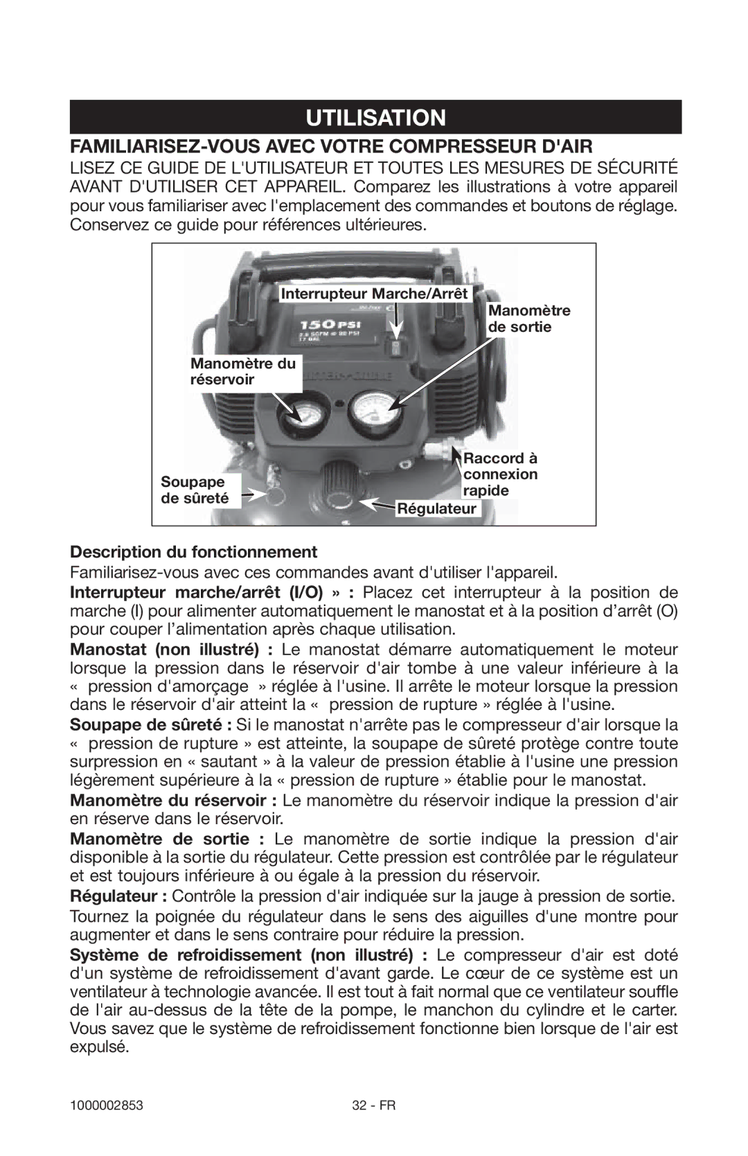 Porter-Cable 1000002853 Utilisation, FAMILIARISEZ-VOUS Avec Votre Compresseur Dair, Description du fonctionnement 