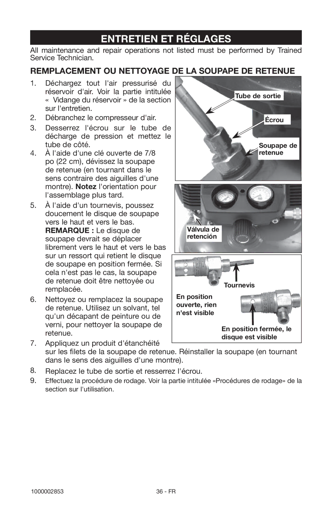 Porter-Cable 1000002853 instruction manual Entretien ET Réglages, Remplacement OU Nettoyage DE LA Soupape DE Retenue 