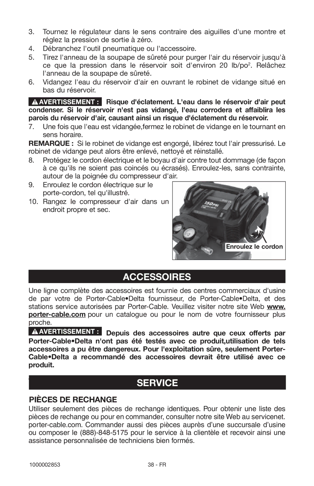 Porter-Cable 1000002853 instruction manual Service, Pièces DE Rechange 