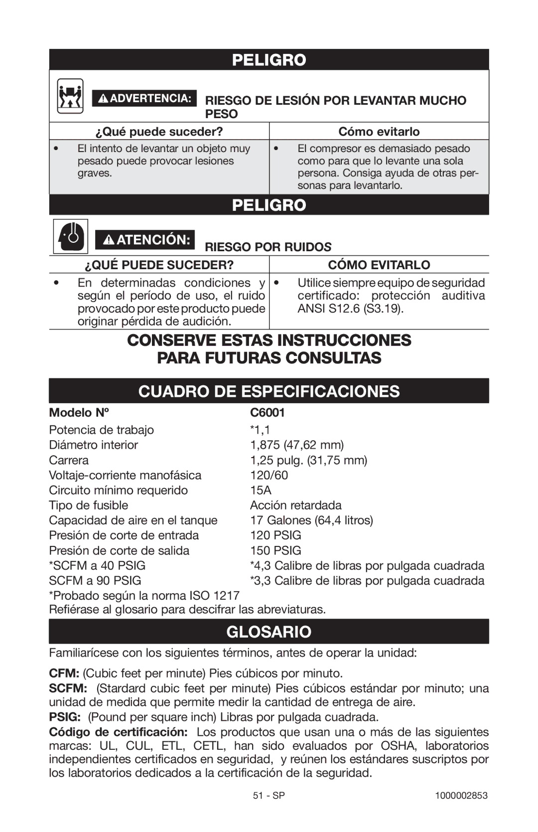 Porter-Cable 1000002853 Cuadro DE Especificaciones, Glosario, Riesgo DE Lesión POR Levantar Mucho Peso, Riesgo POR Ruidos 