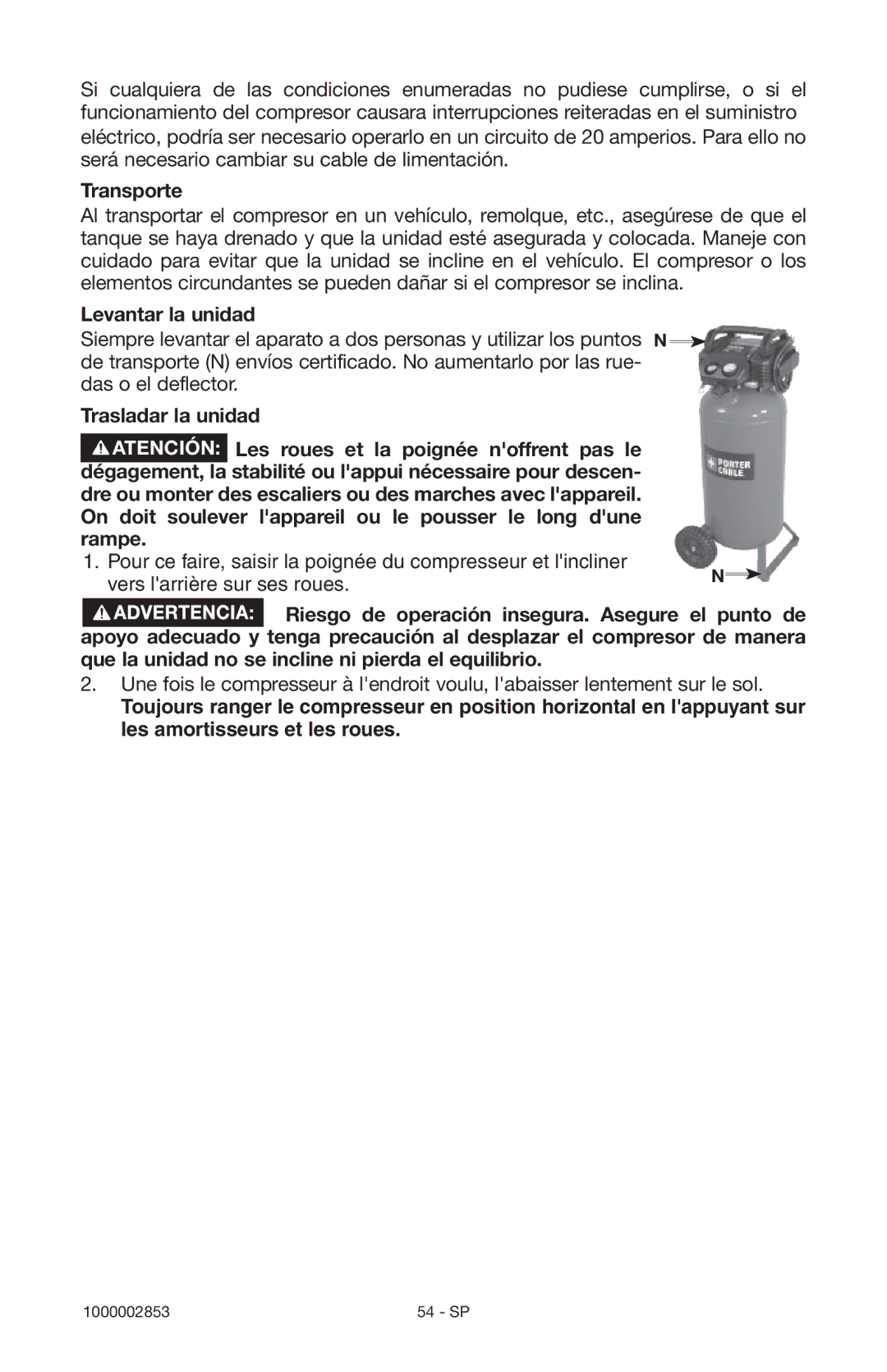 Porter-Cable 1000002853 instruction manual Transporte, Levantar la unidad 