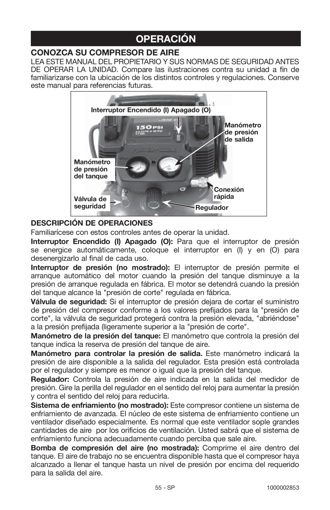 Porter-Cable 1000002853 instruction manual Operación, Conozca SU Compresor DE Aire, Descripción DE Operaciones 