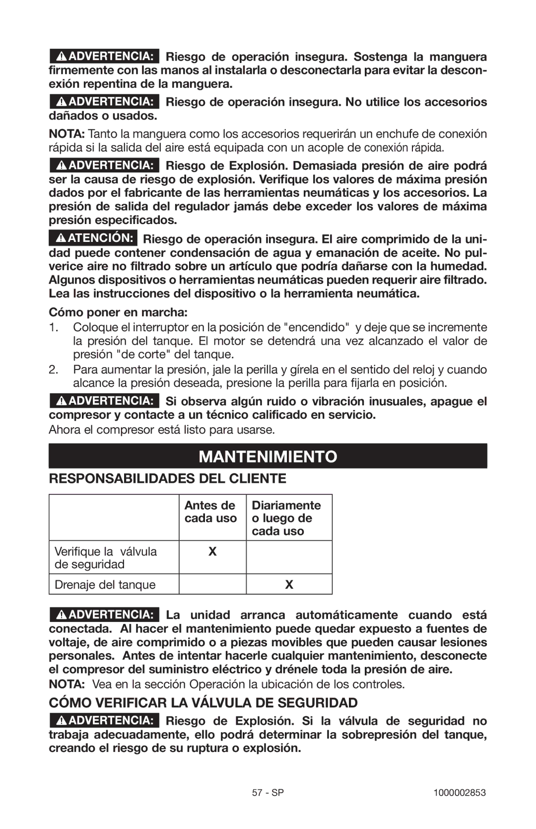 Porter-Cable 1000002853 Mantenimiento, Responsabilidades DEL Cliente, Cómo Verificar LA Válvula DE Seguridad 