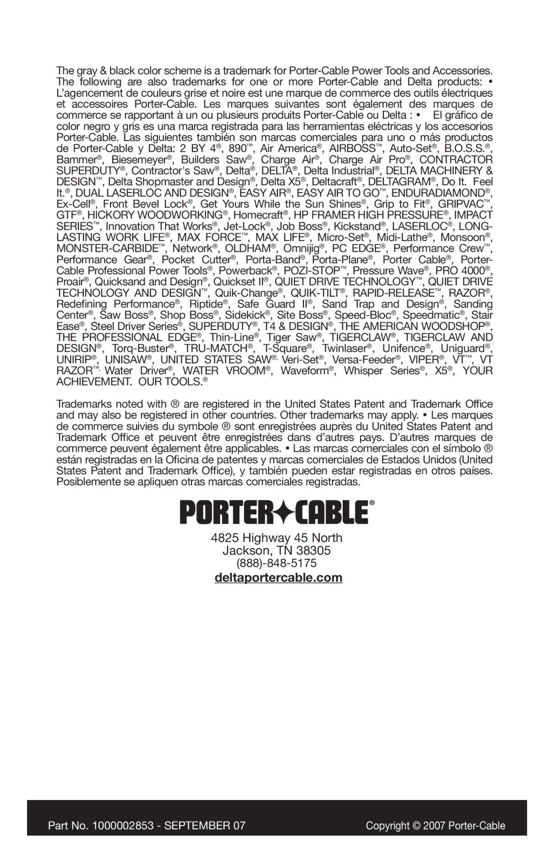 Porter-Cable 1000002853 instruction manual Deltaportercable.com 