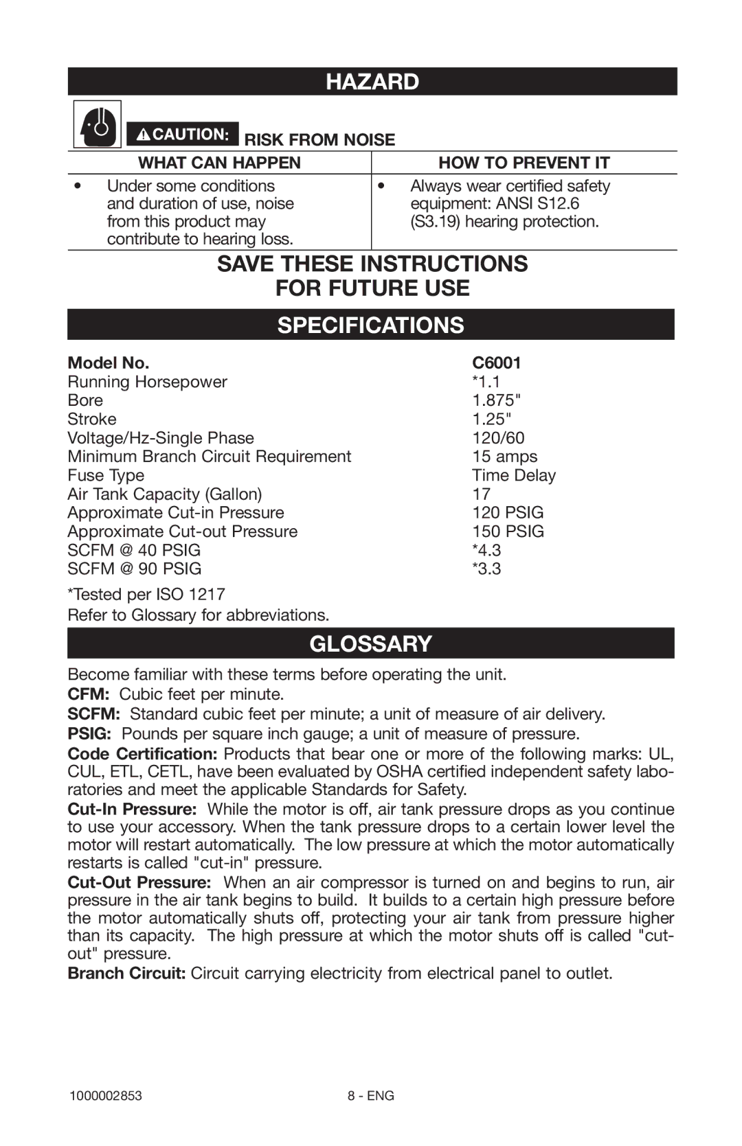 Porter-Cable 1000002853 instruction manual Glossary, Risk from Noise, Model No C6001 