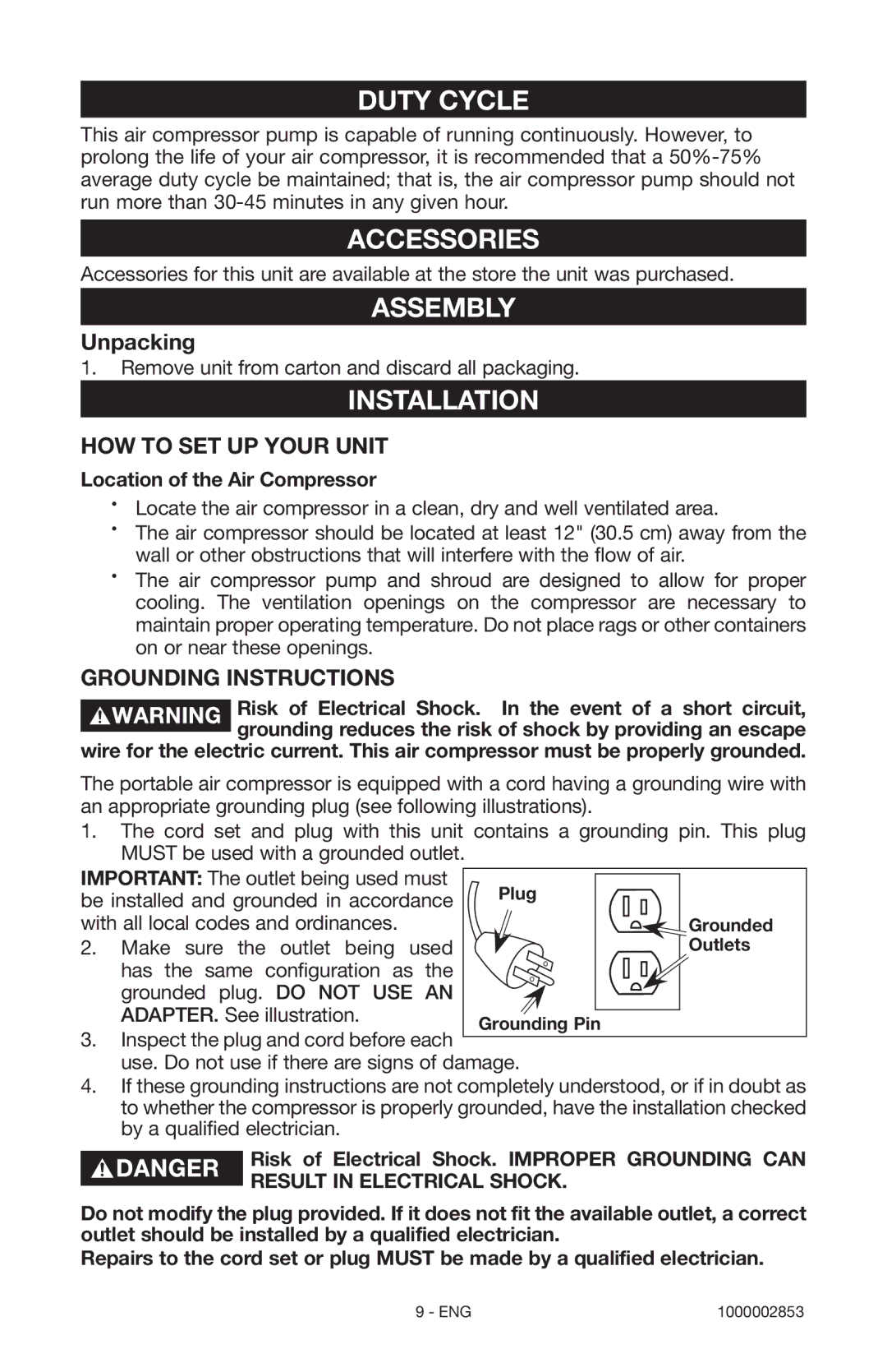 Porter-Cable 1000002853 instruction manual Duty Cycle, Accessories, Assembly, Installation 