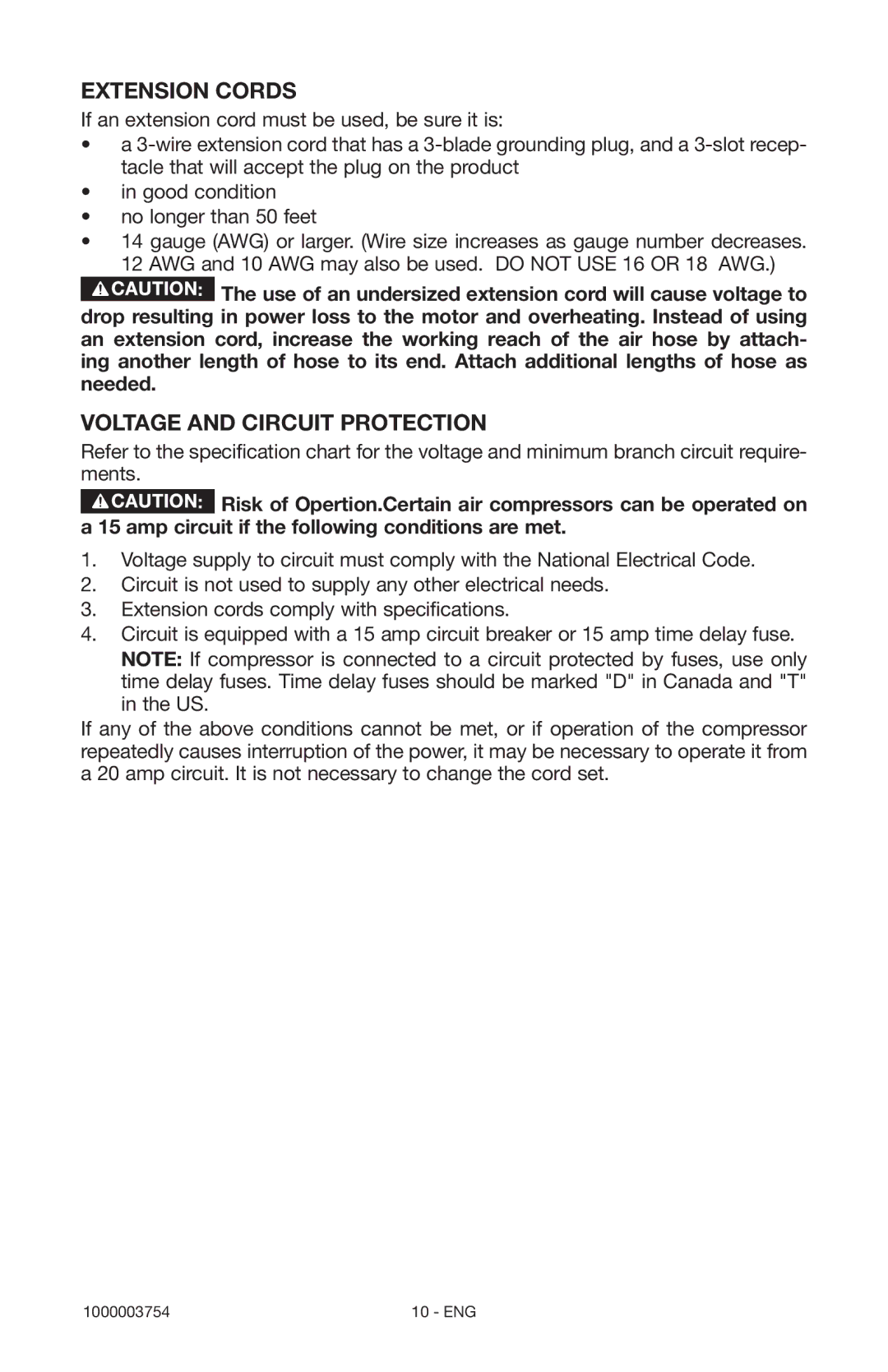 Porter-Cable 1000003754 instruction manual Extension Cords, Voltage and Circuit Protection 