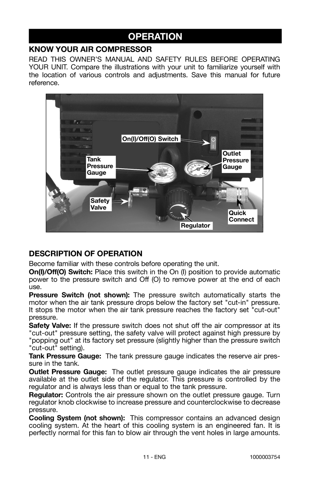 Porter-Cable 1000003754 instruction manual Know Your AIR Compressor, Description of Operation 