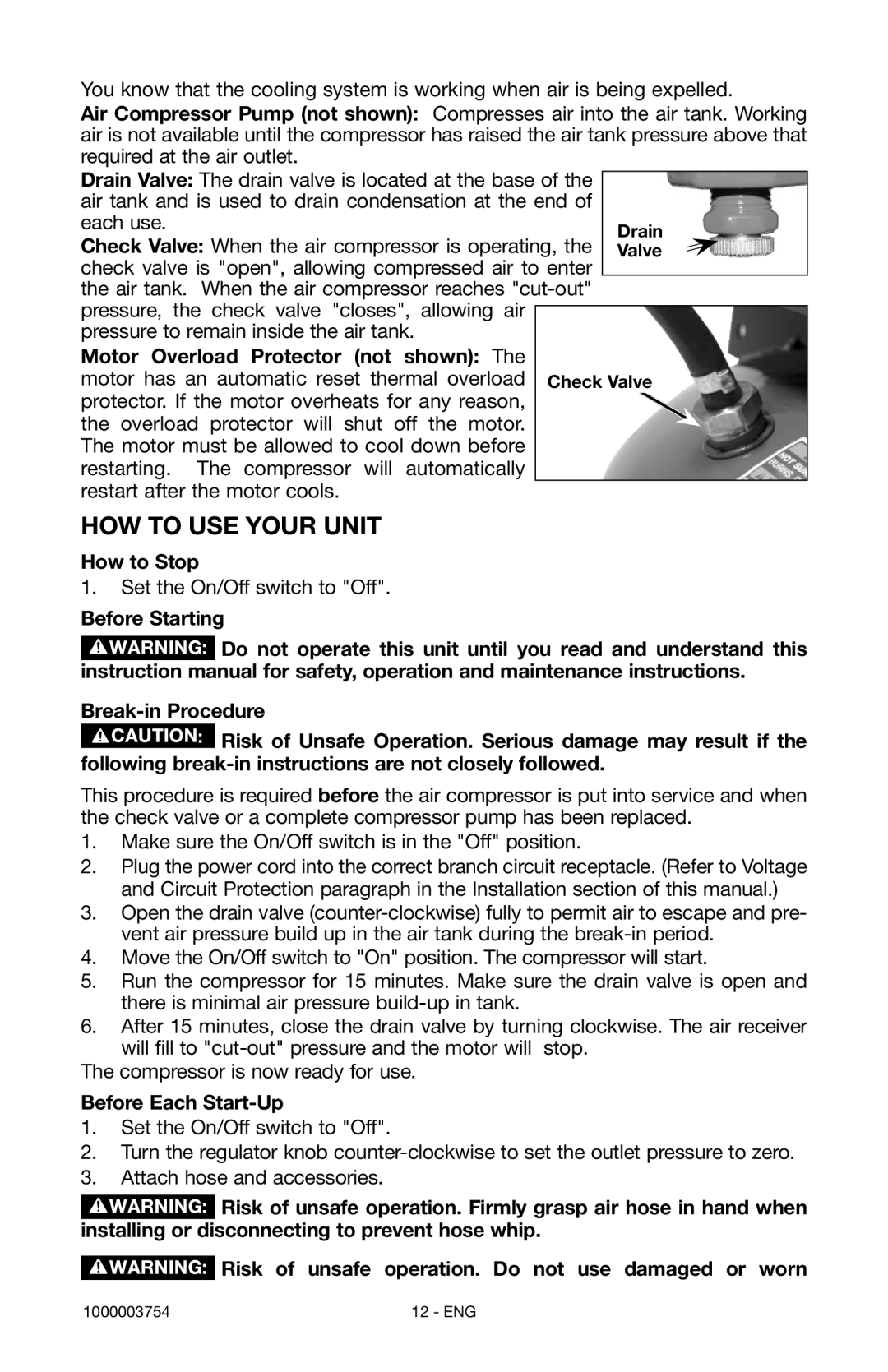 Porter-Cable 1000003754 instruction manual Motor Overload Protector not shown, How to Stop, Before Each Start-Up 