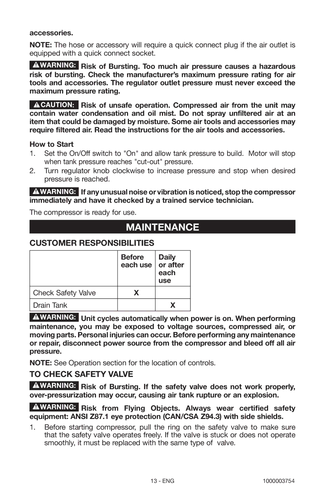 Porter-Cable 1000003754 instruction manual Maintenance, Customer Responsibilities, To Check Safety Valve, How to Start 