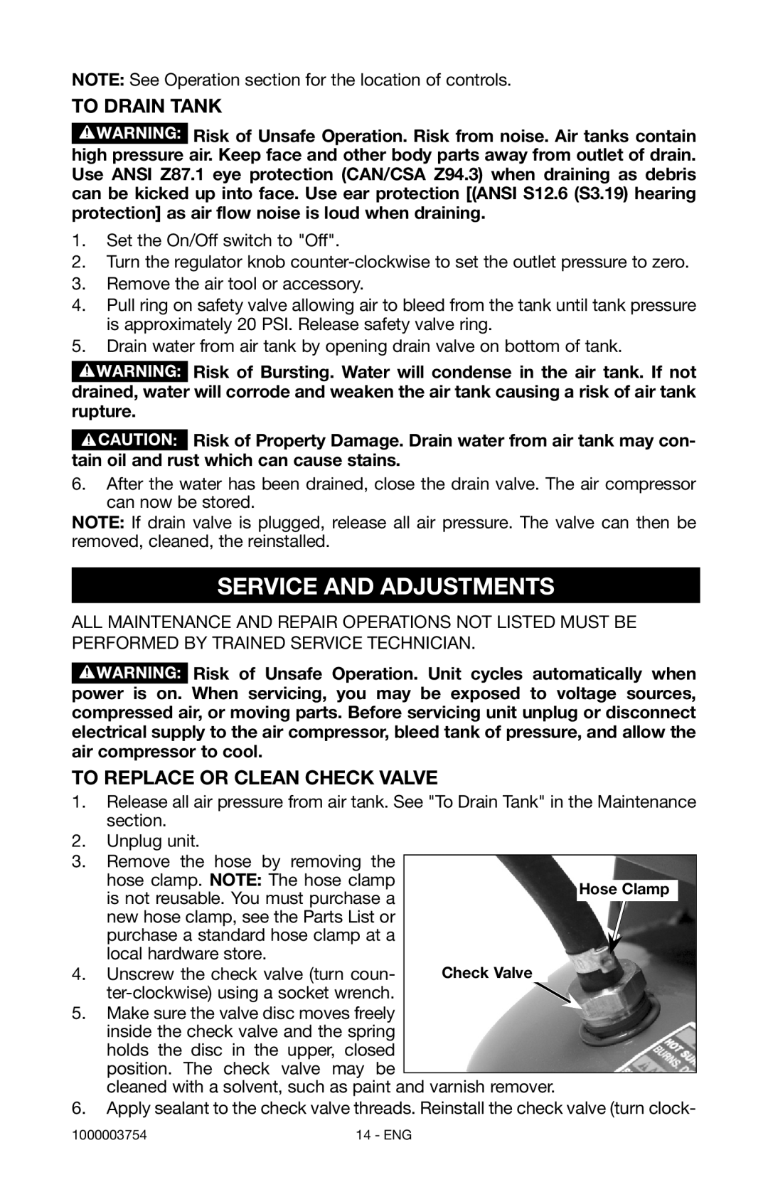 Porter-Cable 1000003754 instruction manual Service and Adjustments, To Drain Tank, To Replace or Clean Check Valve 